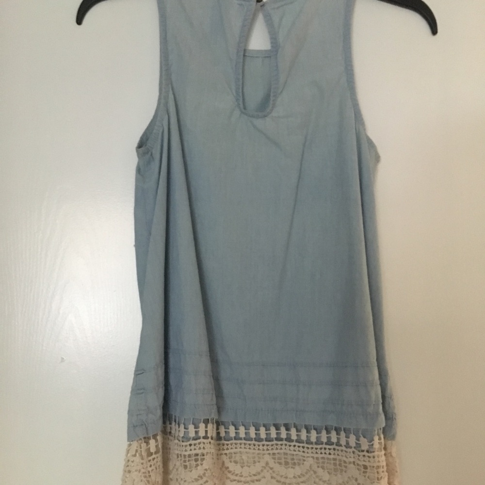 Blue top white crochet trim